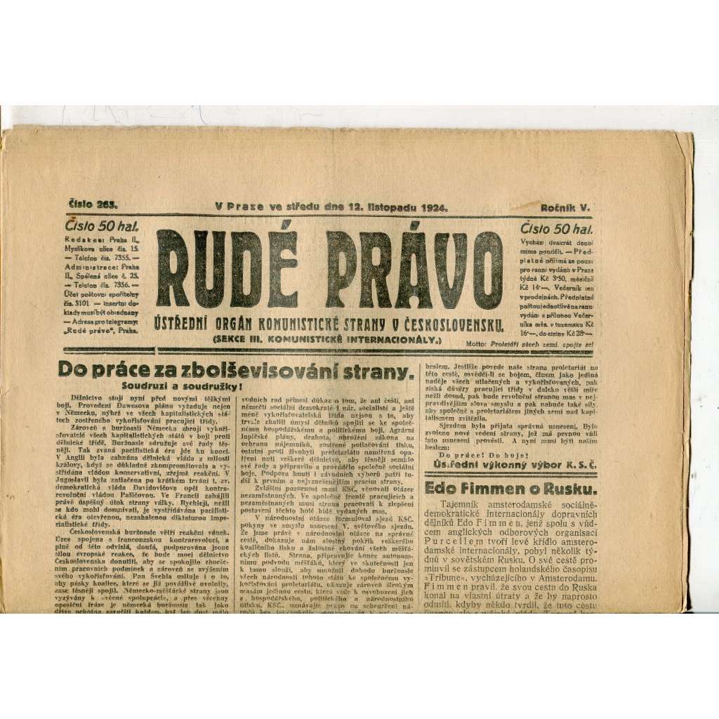 Rudé právo, ročník V., číslo 265/1924 (1. republika, staré noviny) - 12.11.1924