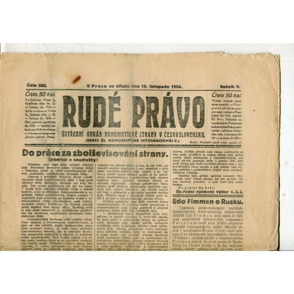 Rudé právo, ročník V., číslo 265/1924 (1. republika, staré noviny) - 12.11.1924