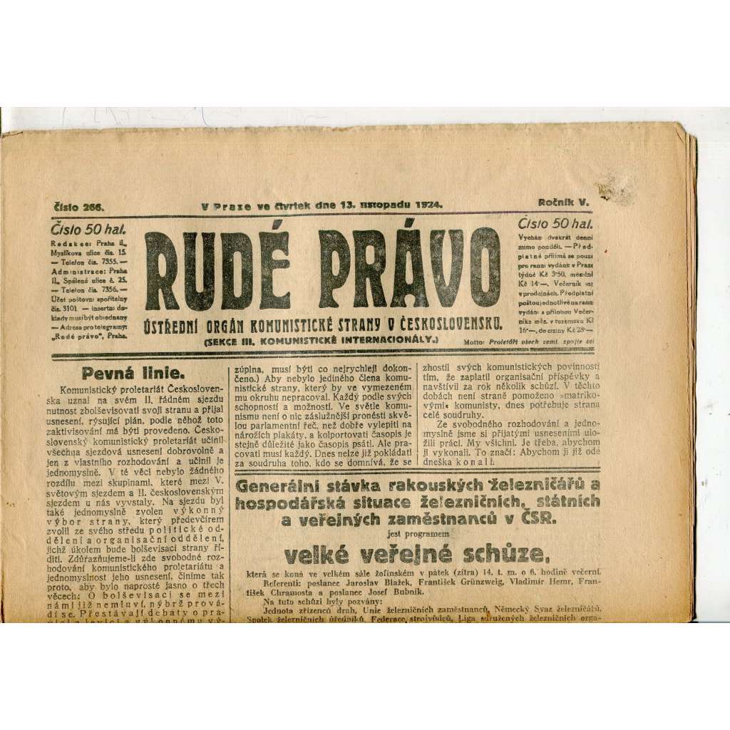 Rudé právo, ročník V., číslo 266/1924 (1. republika, staré noviny) - 13.11.1924
