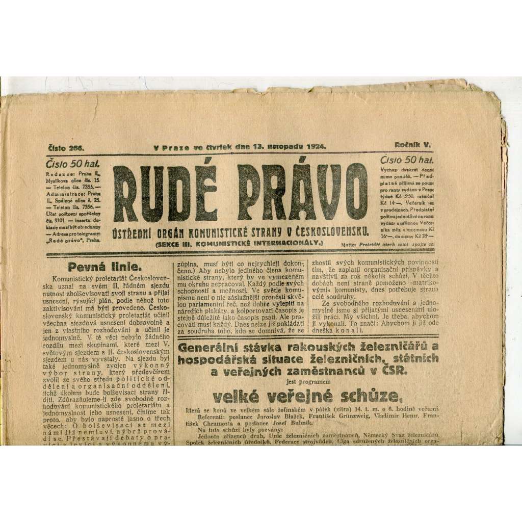 Rudé právo, ročník V., číslo 266/1924 (1. republika, staré noviny) - 13.11.1924 (není komletní)