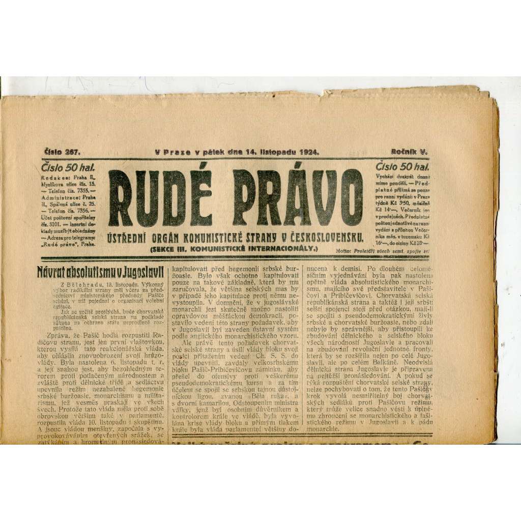 Rudé právo, ročník V., číslo 267/1924 (1. republika, staré noviny) - 14.11.1924