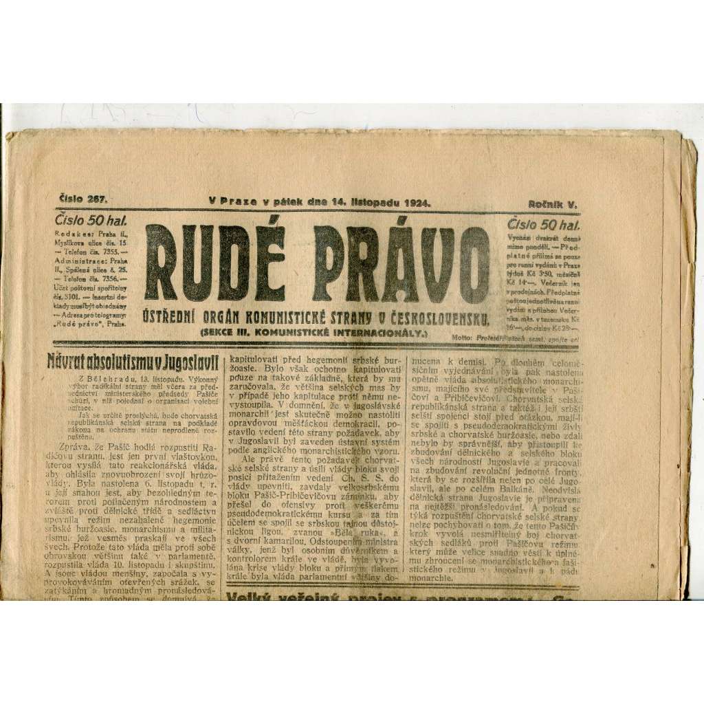 Rudé právo, ročník V., číslo 267/1924 (1. republika, staré noviny) - 14.11.1924