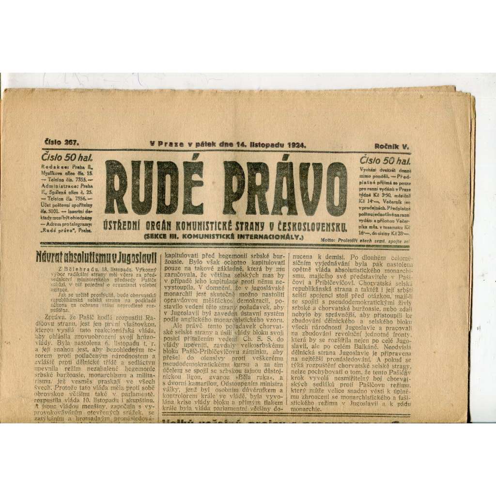 Rudé právo, ročník V., číslo 267/1924 (1. republika, staré noviny) - 14.11.1924