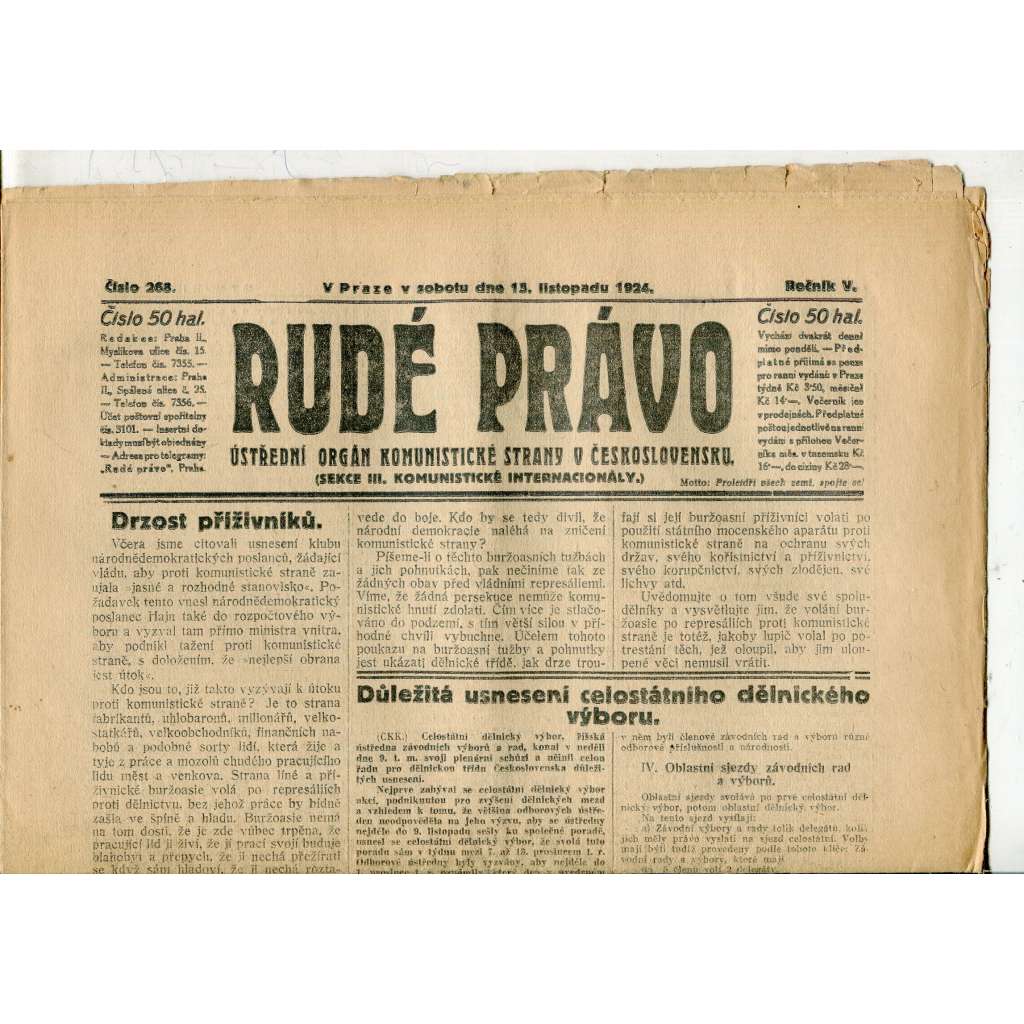 Rudé právo, ročník V., číslo 268/1924 (1. republika, staré noviny) - 15.11.1924