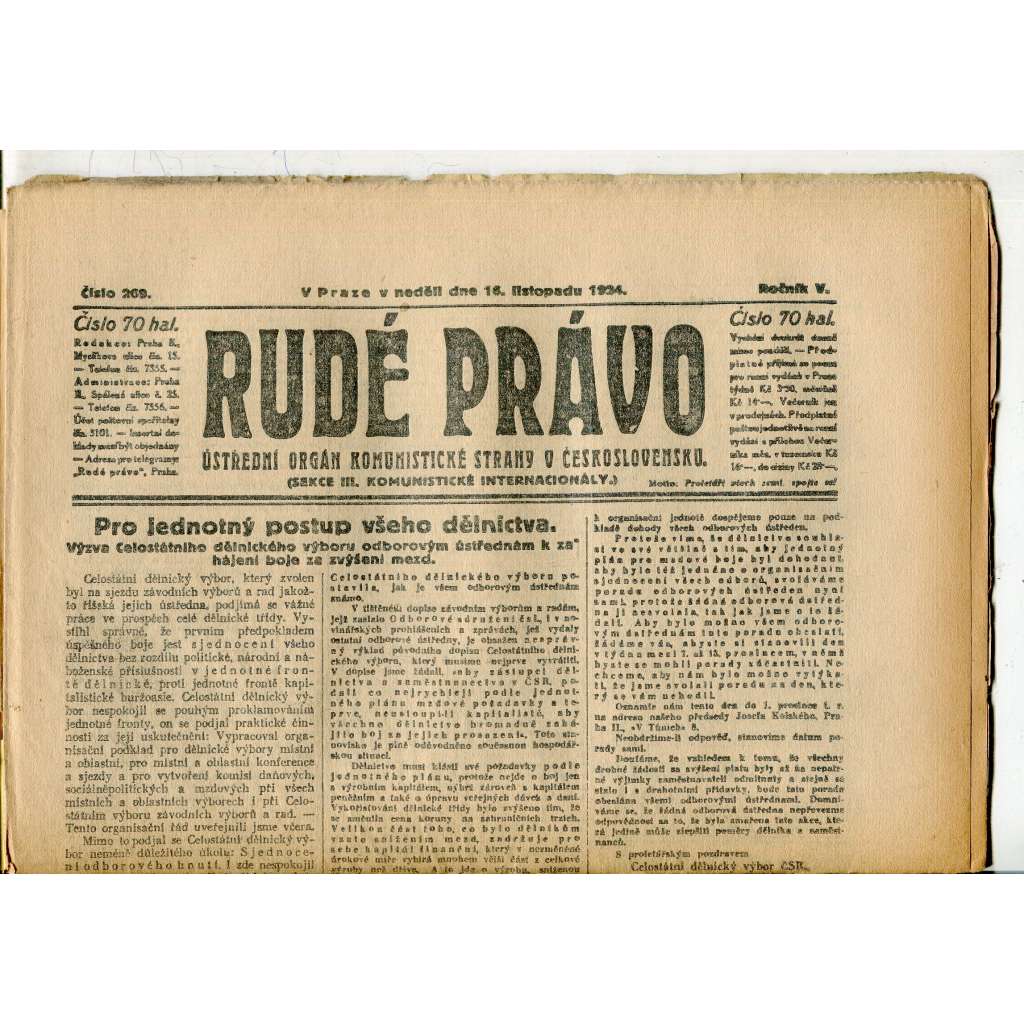 Rudé právo, ročník V., číslo 269/1924 (1. republika, staré noviny) - 16.11.1924