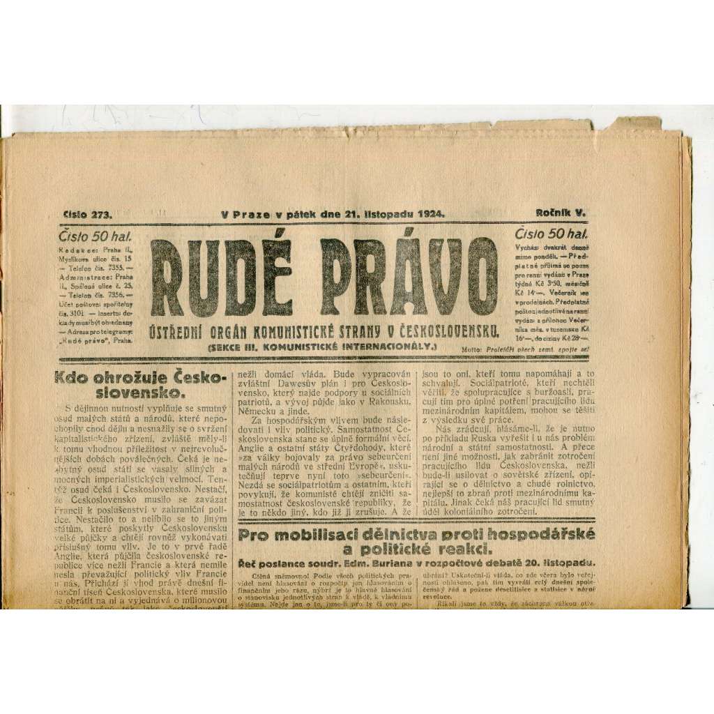 Rudé právo, ročník V., číslo 273/1924 (1. republika, staré noviny) - 21.11.1924