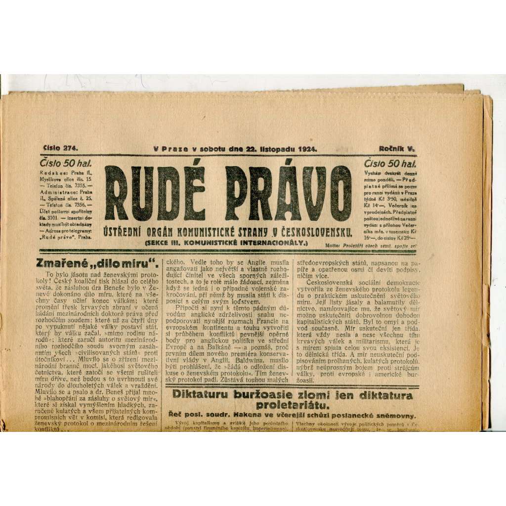 Rudé právo, ročník V., číslo 274/1924 (1. republika, staré noviny) - 22.11.1924