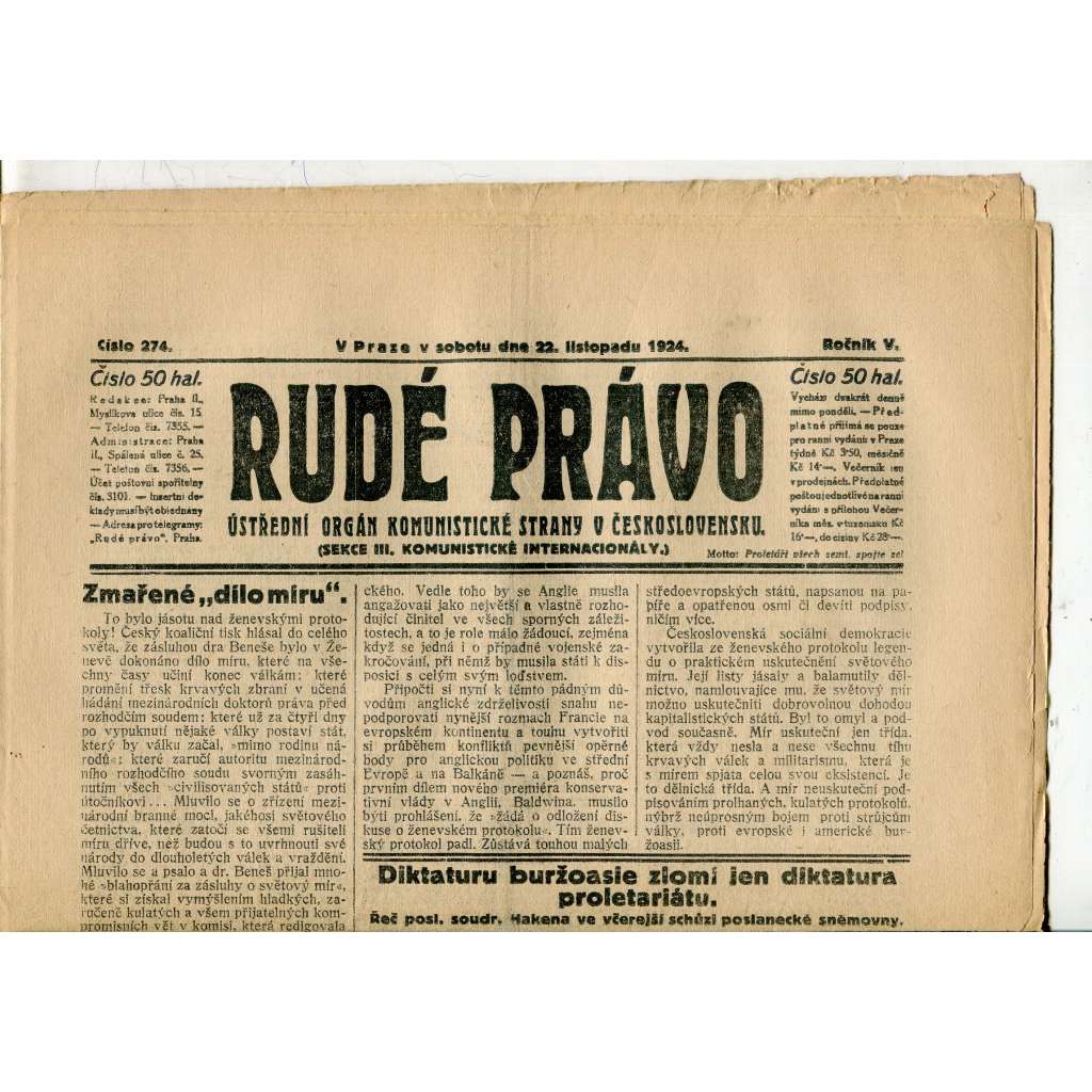 Rudé právo, ročník V., číslo 274/1924 (1. republika, staré noviny) - 22.11.1924 Rudé právo, ročník V., číslo 274/1924 (1. republika, staré noviny) - 22.11.1924