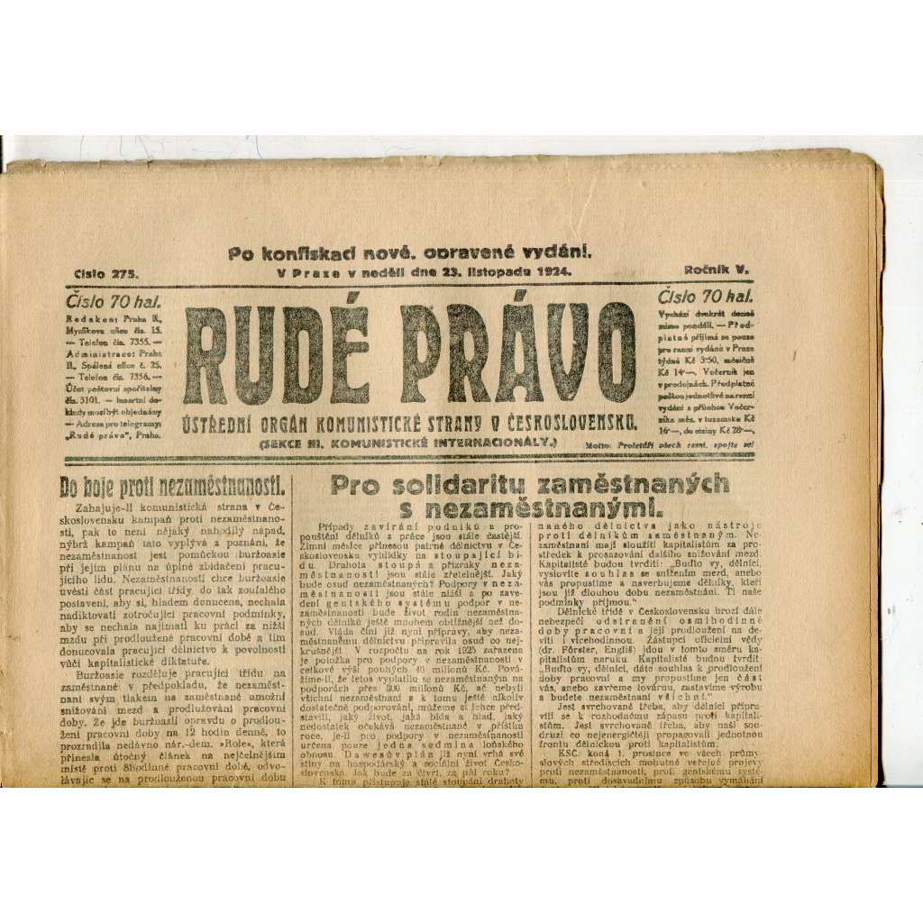 Rudé právo, ročník V., číslo 275/1924 (1. republika, staré noviny) - 23.11.1924 Rudé právo, ročník V., číslo 275/1924 (1. republika, staré noviny) - 23.11.1924