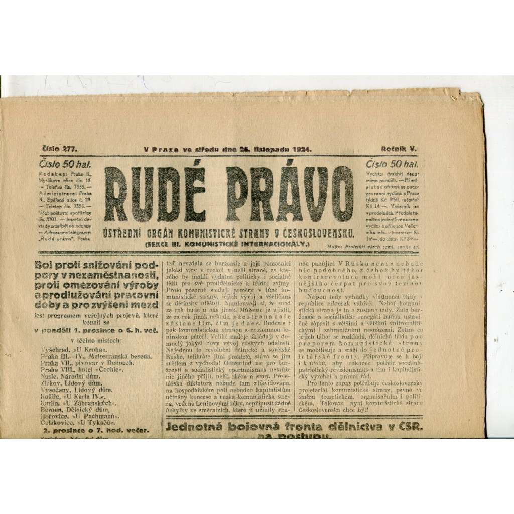 Rudé právo, ročník V., číslo 277/1924 (1. republika, staré noviny) - 26.11.1924 Rudé právo, ročník V., číslo 277/1924 (1. republika, staré noviny) - 26.11.1924
