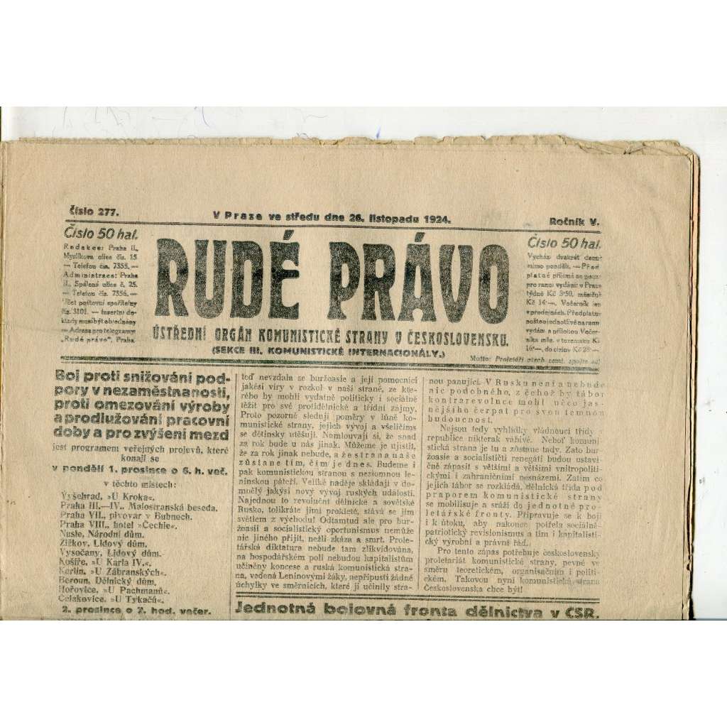 Rudé právo, ročník V., číslo 277/1924 (1. republika, staré noviny) - 26.11.1924 Rudé právo, ročník V., číslo 277/1924 (1. republika, staré noviny) - 26.11.1924