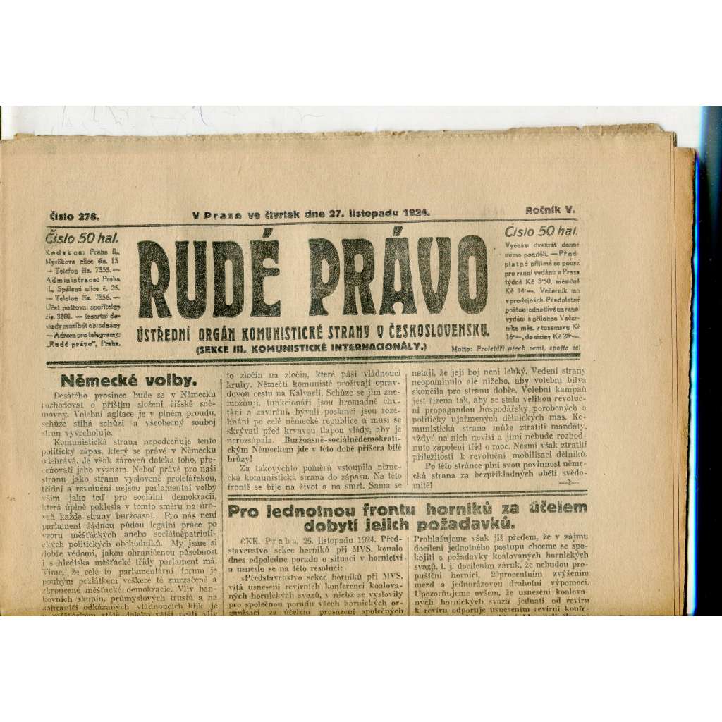 Rudé právo, ročník V., číslo 278/1924 (1. republika, staré noviny) - 27.11.1924 Rudé právo, ročník V., číslo 278/1924 (1. republika, staré noviny) - 27.11.1924