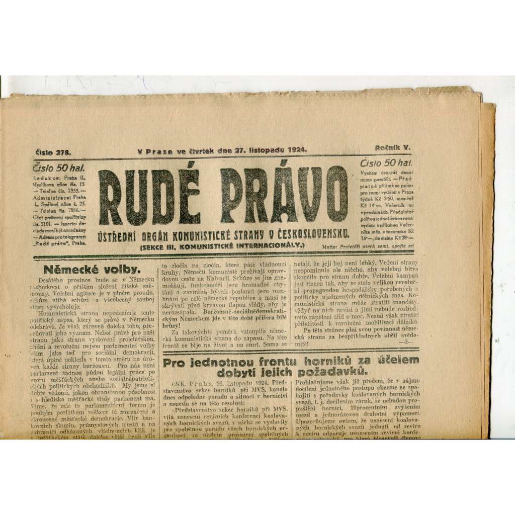 Rudé právo, ročník V., číslo 278/1924 (1. republika, staré noviny) - 27.11.1924 Rudé právo, ročník V., číslo 278/1924 (1. republika, staré noviny) - 27.11.1924