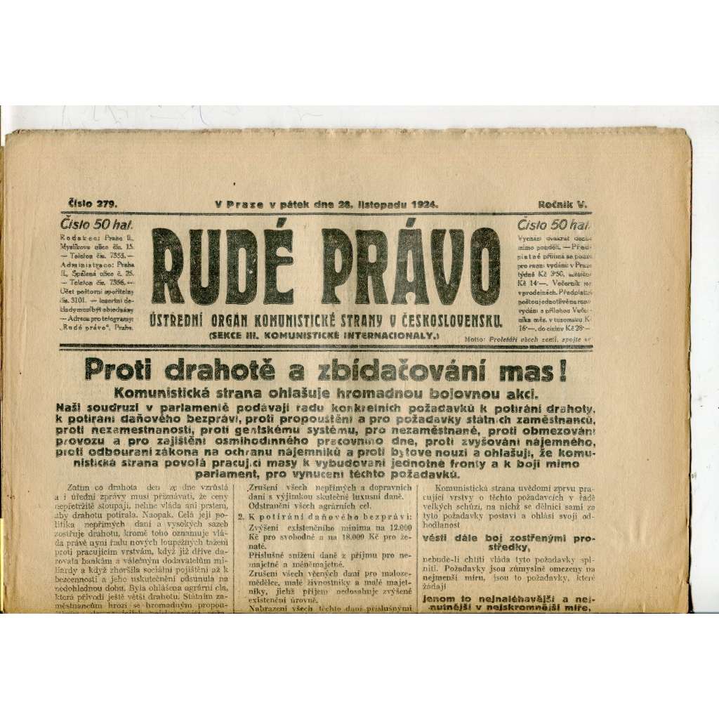 Rudé právo, ročník V., číslo 279/1924 (1. republika, staré noviny) - 28.11.1924 Rudé právo, ročník V., číslo 279/1924 (1. republika, staré noviny) - 28.11.1924