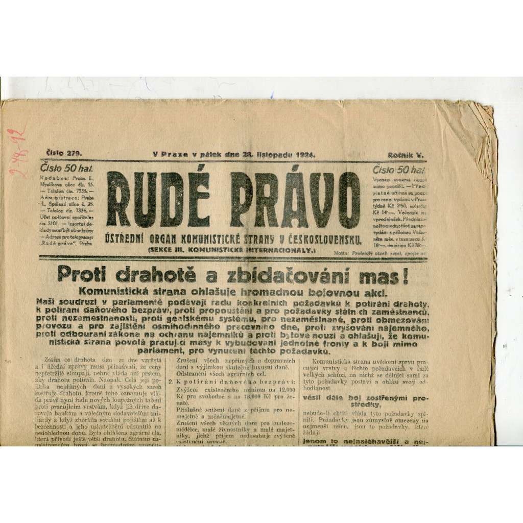 Rudé právo, ročník V., číslo 279/1924 (1. republika, staré noviny) - 28.11.1924 Rudé právo, ročník V., číslo 279/1924 (1. republika, staré noviny) - 28.11.1924