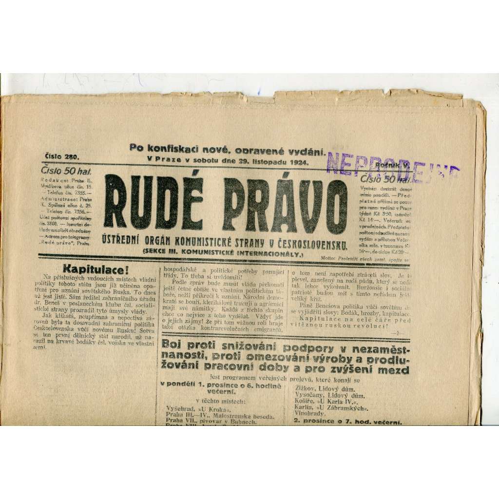 Rudé právo, ročník V., číslo 280/1924 (1. republika, staré noviny) - 29.11.1924 Rudé právo, ročník V., číslo 280/1924 (1. republika, staré noviny) - 29.11.1924