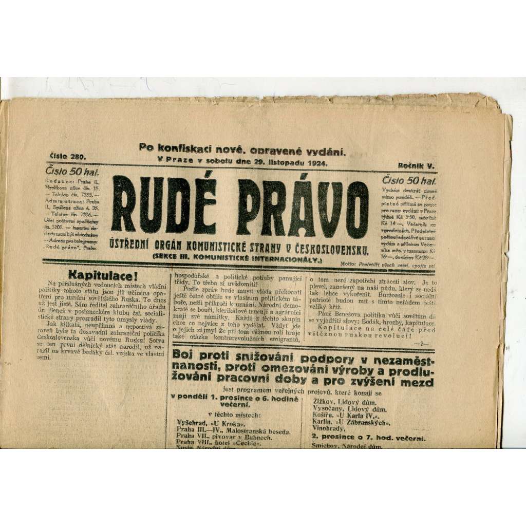 Rudé právo, ročník V., číslo 280/1924 (1. republika, staré noviny) - 29.11.1924 Rudé právo, ročník V., číslo 280/1924 (1. republika, staré noviny) - 29.11.1924
