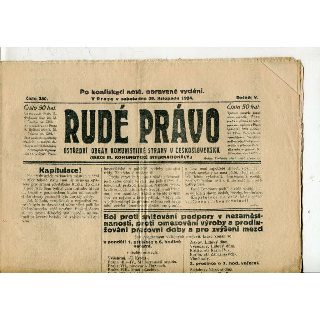 Rudé právo, ročník V., číslo 280/1924 (1. republika, staré noviny) - 29.11.1924 Rudé právo, ročník V., číslo 280/1924 (1. republika, staré noviny) - 29.11.1924