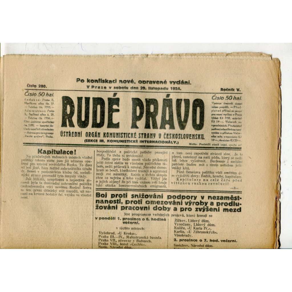 Rudé právo, ročník V., číslo 280/1924 (1. republika, staré noviny) - 29.11.1924 Rudé právo, ročník V., číslo 280/1924 (1. republika, staré noviny) - 29.11.1924
