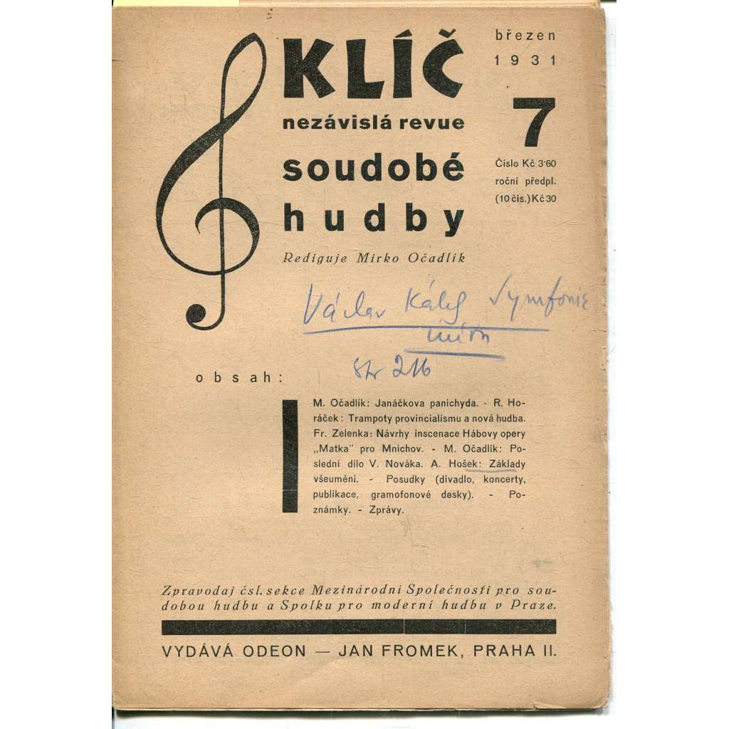 Klíč - Nezávislá revue světové hudby, číslo 7/1931 (březen) - časopis, hudba