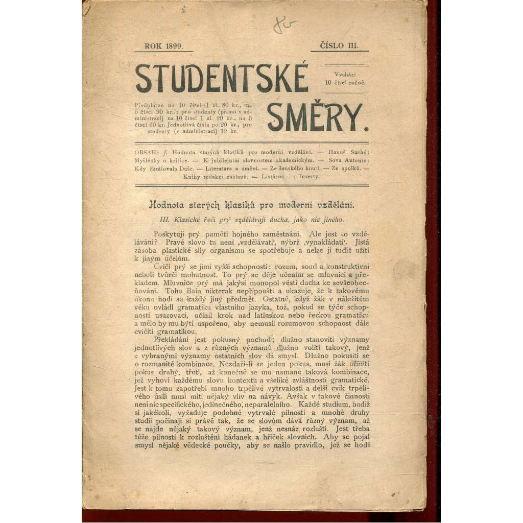 Studentské směry, číslo III./1899 (Časopis)