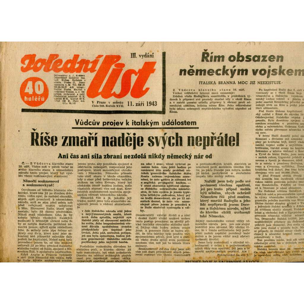 Polední list (11.9.1943) - staré noviny