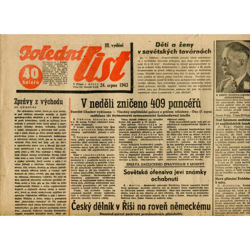Nedělní list (24.8.1943) - staré noviny