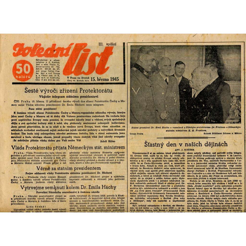 Polední list (15.3.1945) - staré noviny