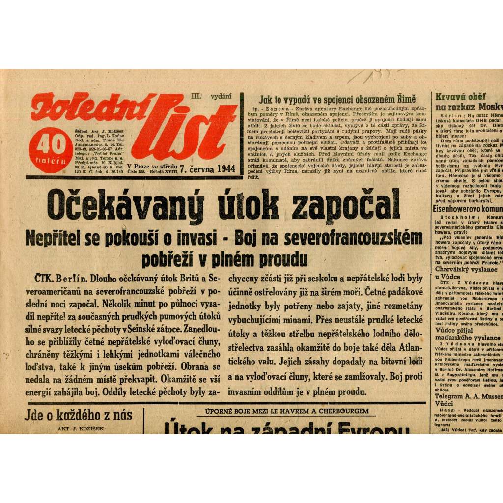 Polední list (7.6.1944) - staré noviny