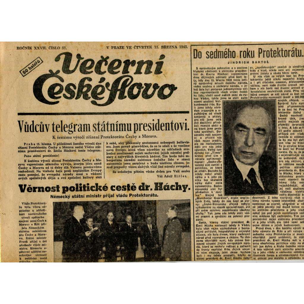 Večerní České slovo (15.3.1945) - staré noviny