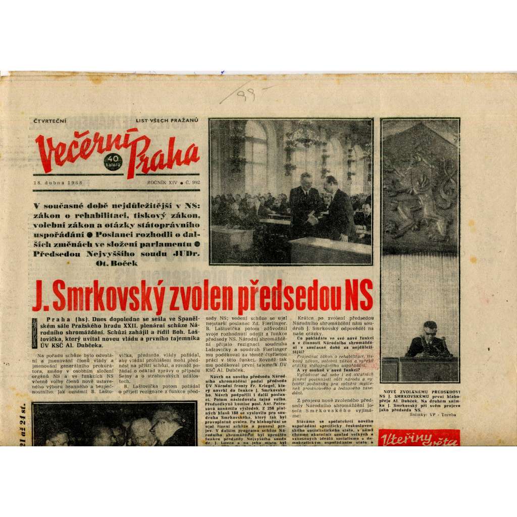 Večerní Praha (18.4.1968) - staré noviny