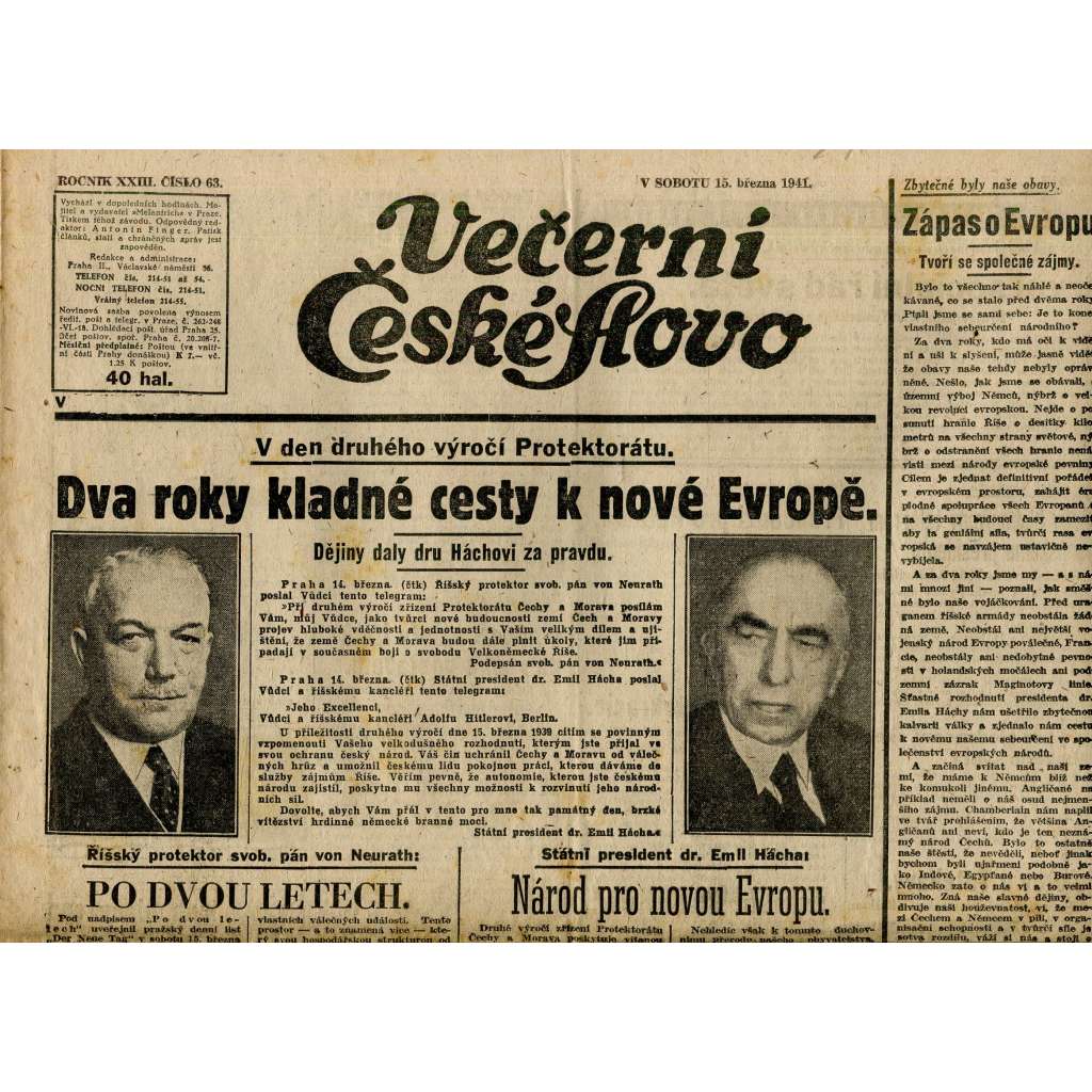Večerní České slovo (15.3.1941) - staré noviny