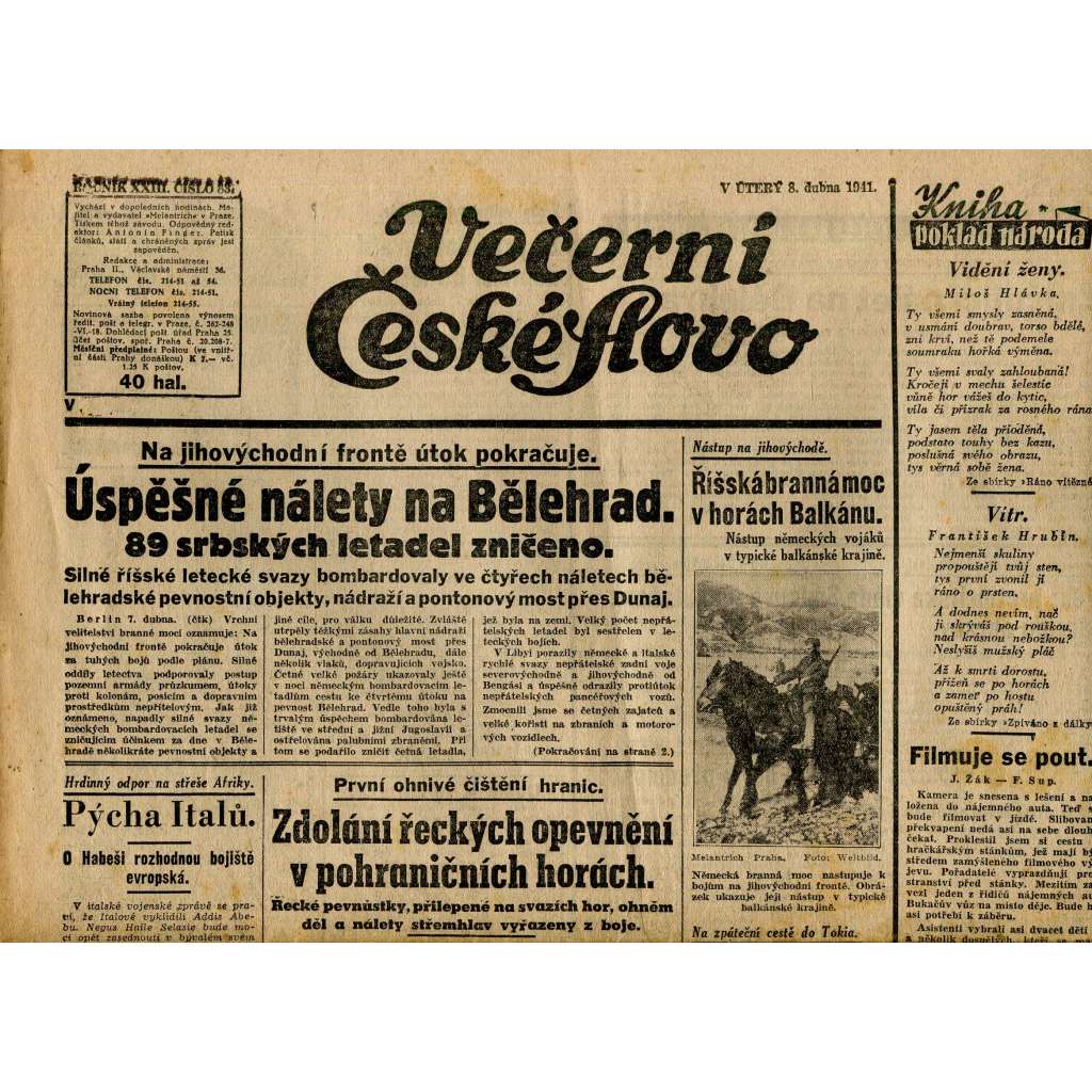 Večerní České slovo (8.4.1941) - staré noviny