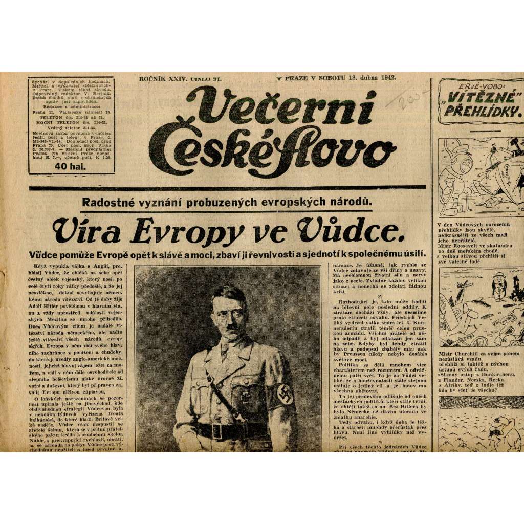 Večerní České slovo (18.4.1942) - staré noviny