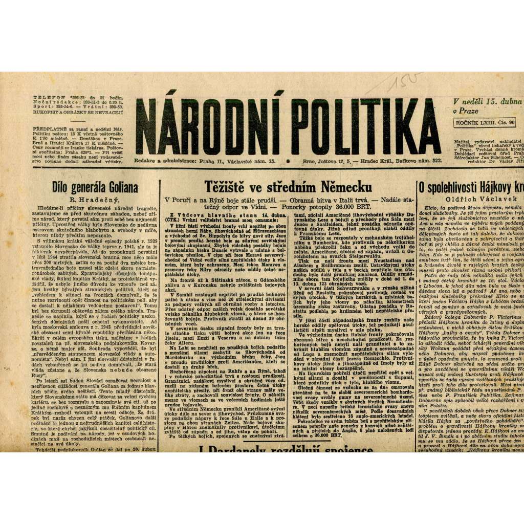 Národní politika (15.4.1945) - staré noviny