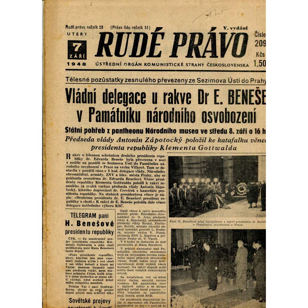 Rudé právo (7.9.1948) staré noviny
