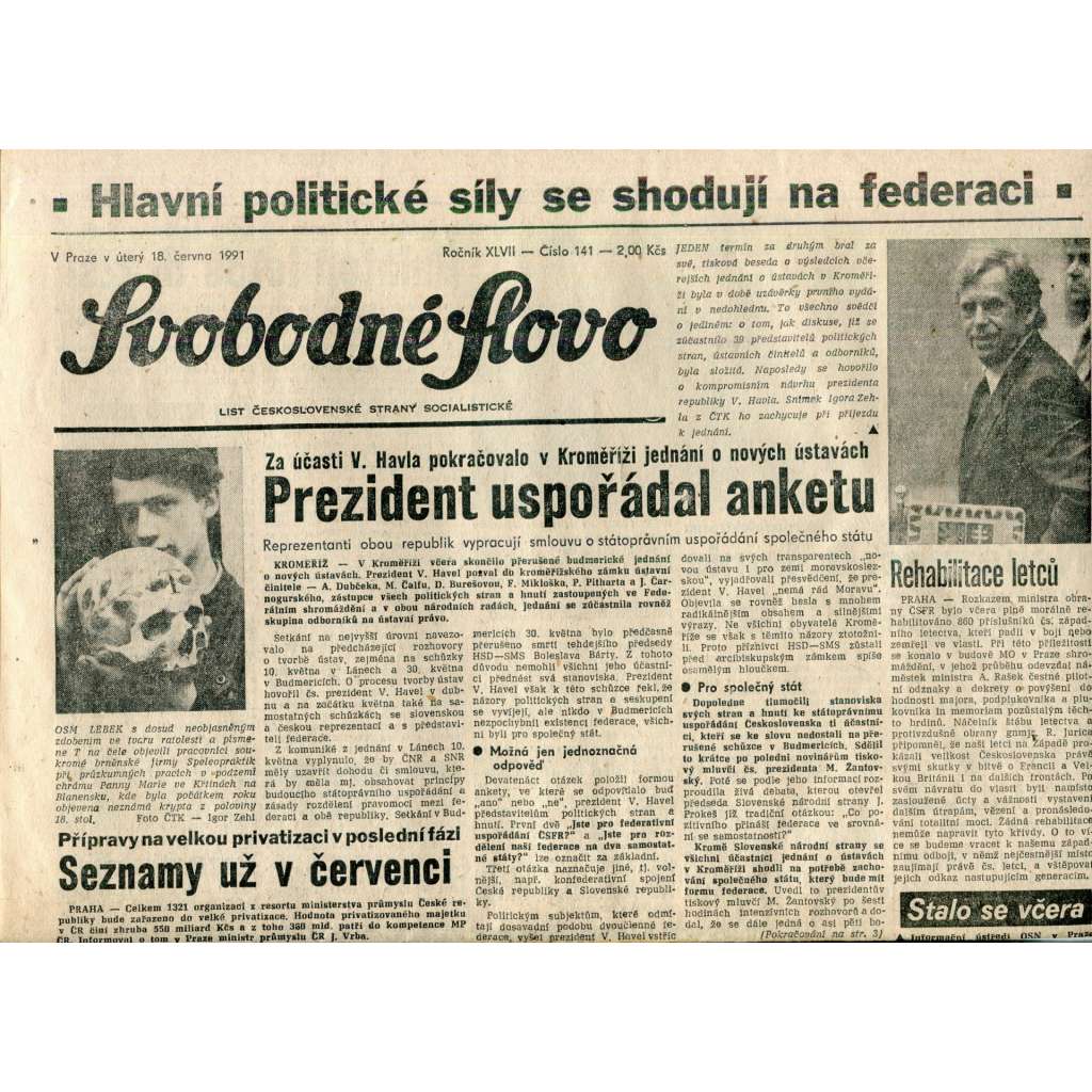 Svobodné slovo (18.6.1991) - staré noviny