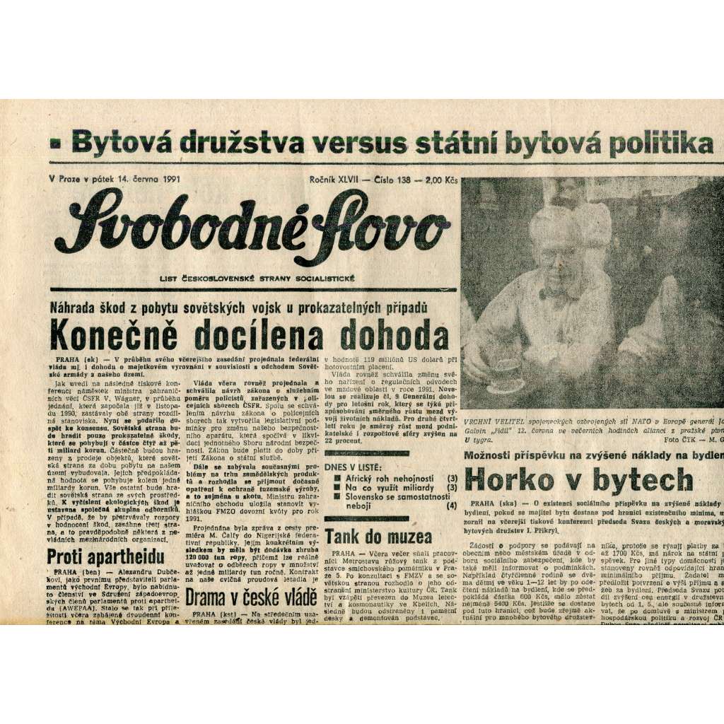 Svobodné slovo (14.6.1991) - staré noviny