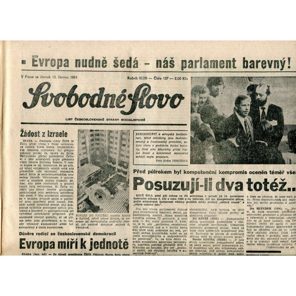 Svobodné slovo (13.6.1991) - staré noviny