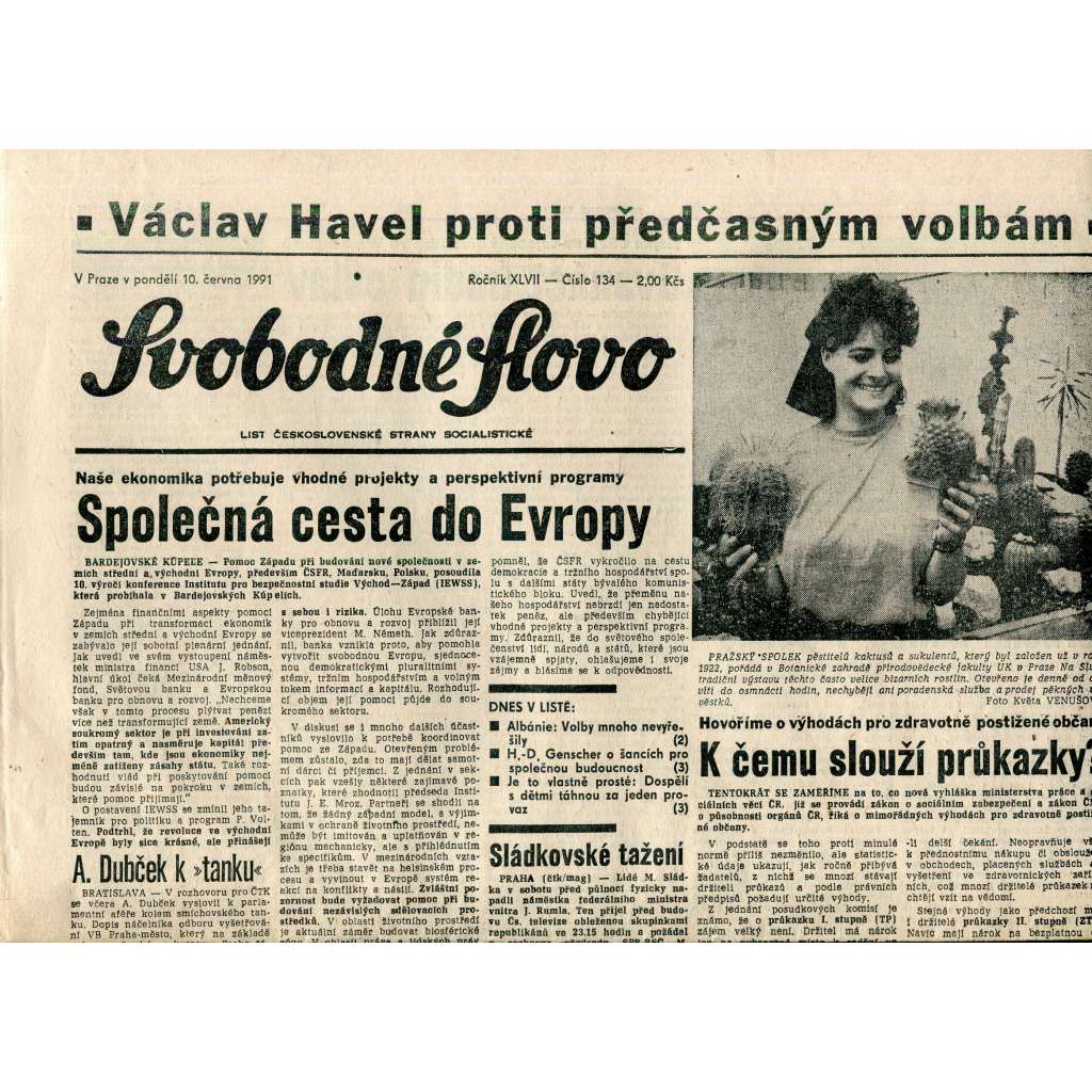 Svobodné slovo (10.6.1991) - staré noviny