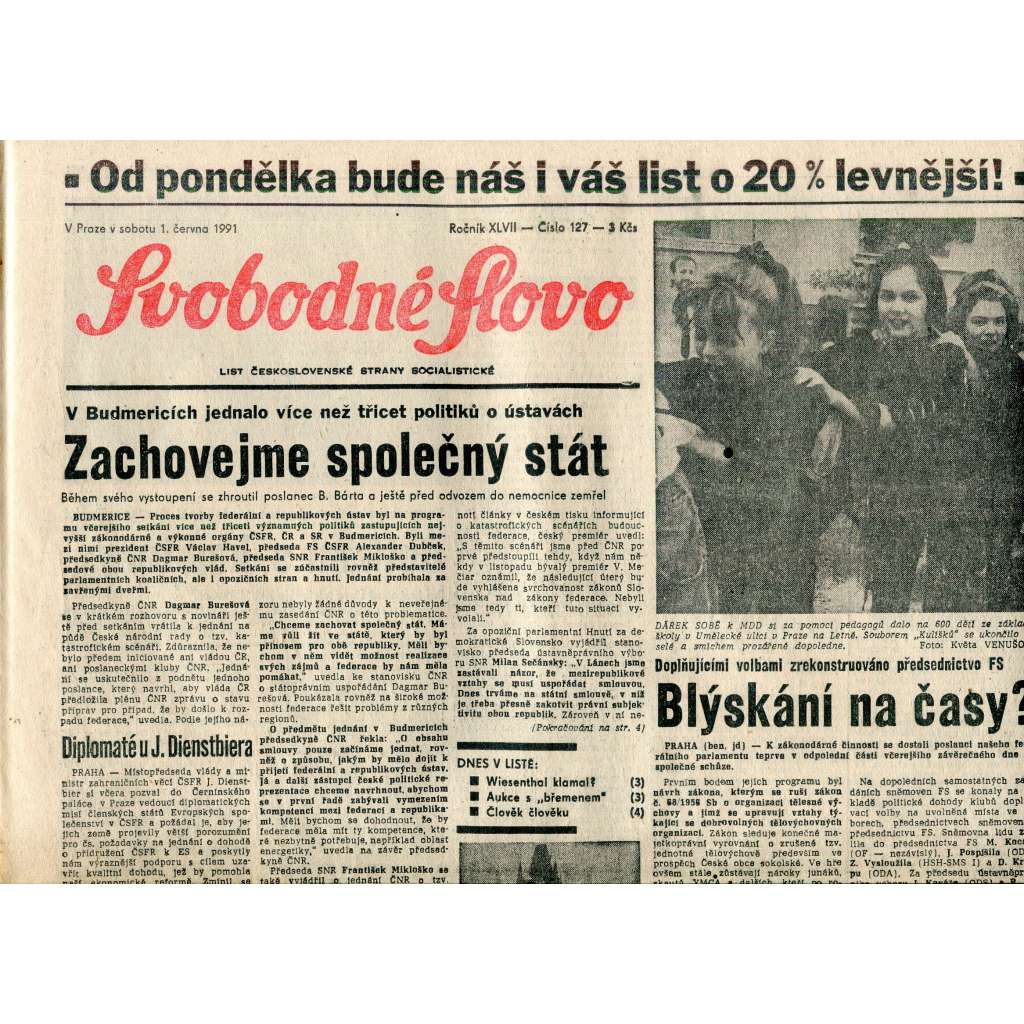 Svobodné slovo (1.6.1991) - staré noviny