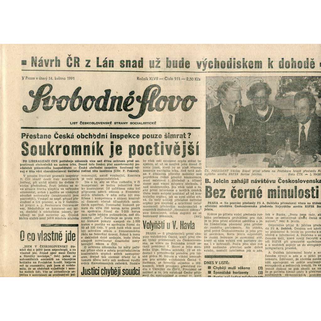 Svobodné slovo (14.5.1991) - staré noviny Svobodné slovo (14.5.1991) - staré noviny