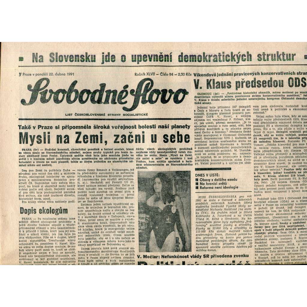 Svobodné slovo (22.4.1991) - staré noviny