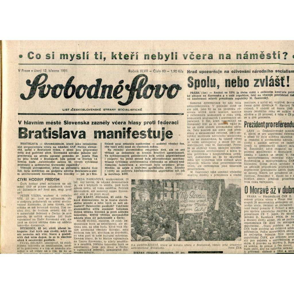 Svobodné slovo (12.3.1991) - staré noviny
