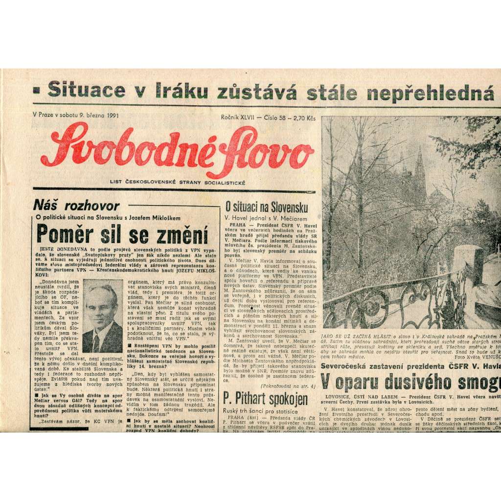 Svobodné slovo (9.3.1991) - staré noviny