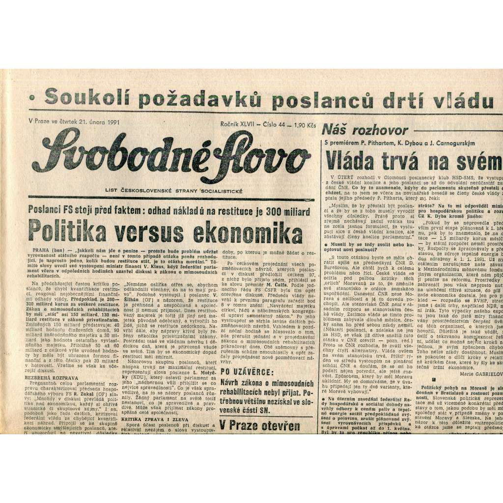 Svobodné slovo (21.2.1991) - staré noviny Svobodné slovo (21.2.1991) - staré noviny