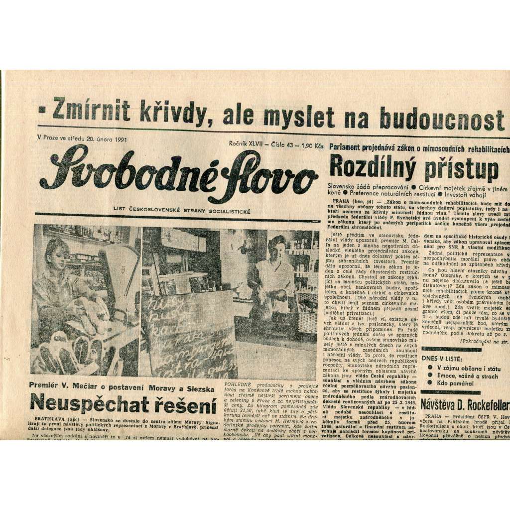 Svobodné slovo (20.2.1991) - staré noviny Svobodné slovo (20.2.1991) - staré noviny