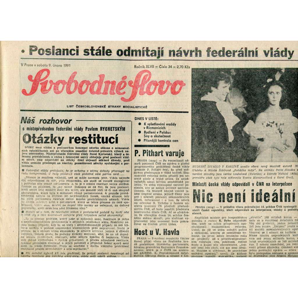 Svobodné slovo (9.2.1991) - staré noviny