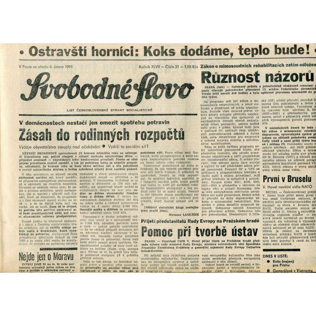 Svobodné slovo (6.2.1991) - staré noviny
