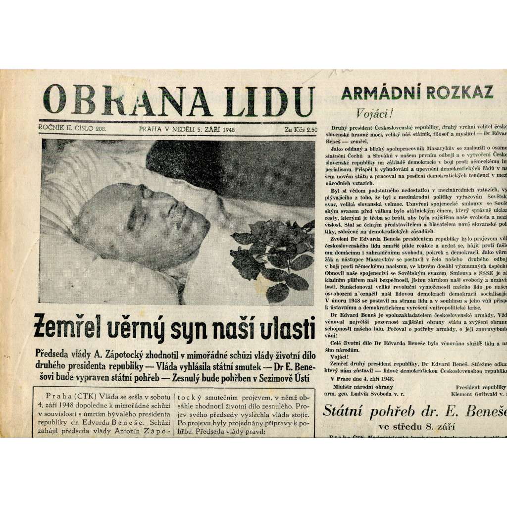 Obrana lidu (5.9.1948) - staré noviny (Edvard Beneš)